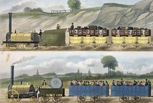 SGヒューズによって彫刻された「リバプールとマンチェスター鉄道の色とりどりの眺め」からのファーストクラスの列車（上）とセカンドクラスの列車（下）、Ackermann und Co.、ロンドン発行、183